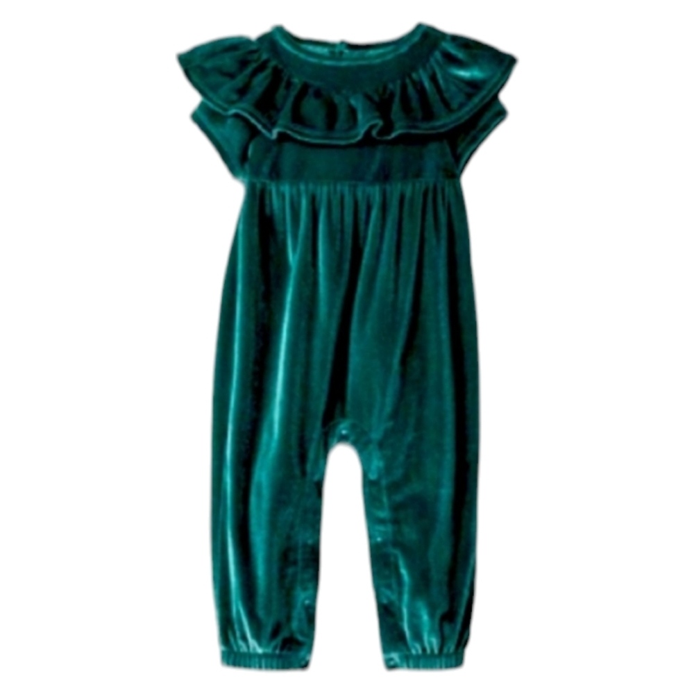 Cat & Jack Green Velvet Short Sleeve Ruffle Collar Romper | 3-6M